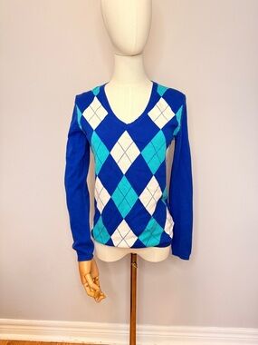 VTG Tommy Hilfiger Blue & Turquoise Argyle V-Neck Sweater